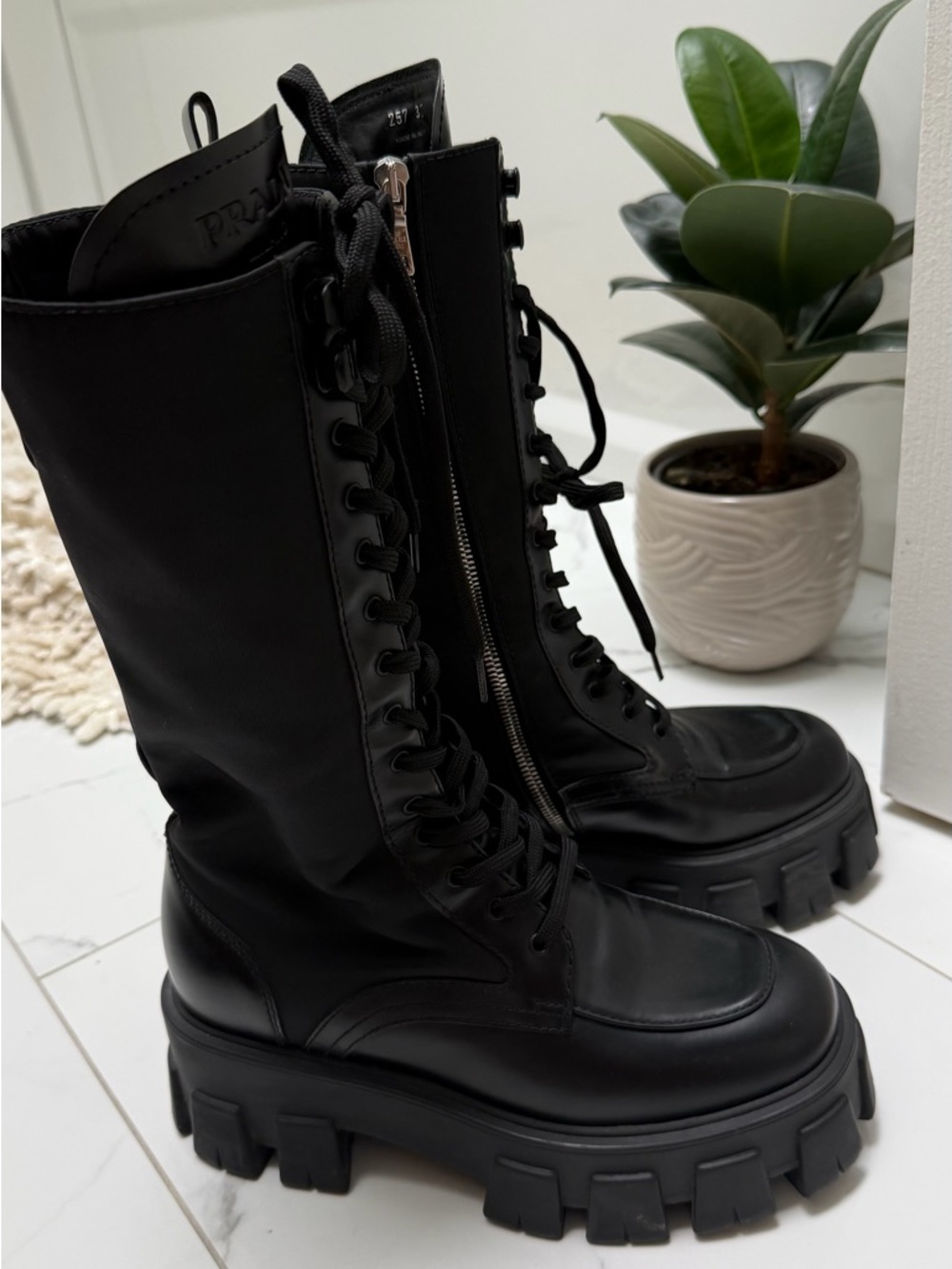 Prada Black High-Lug Leather Lace-Up Combat Boots